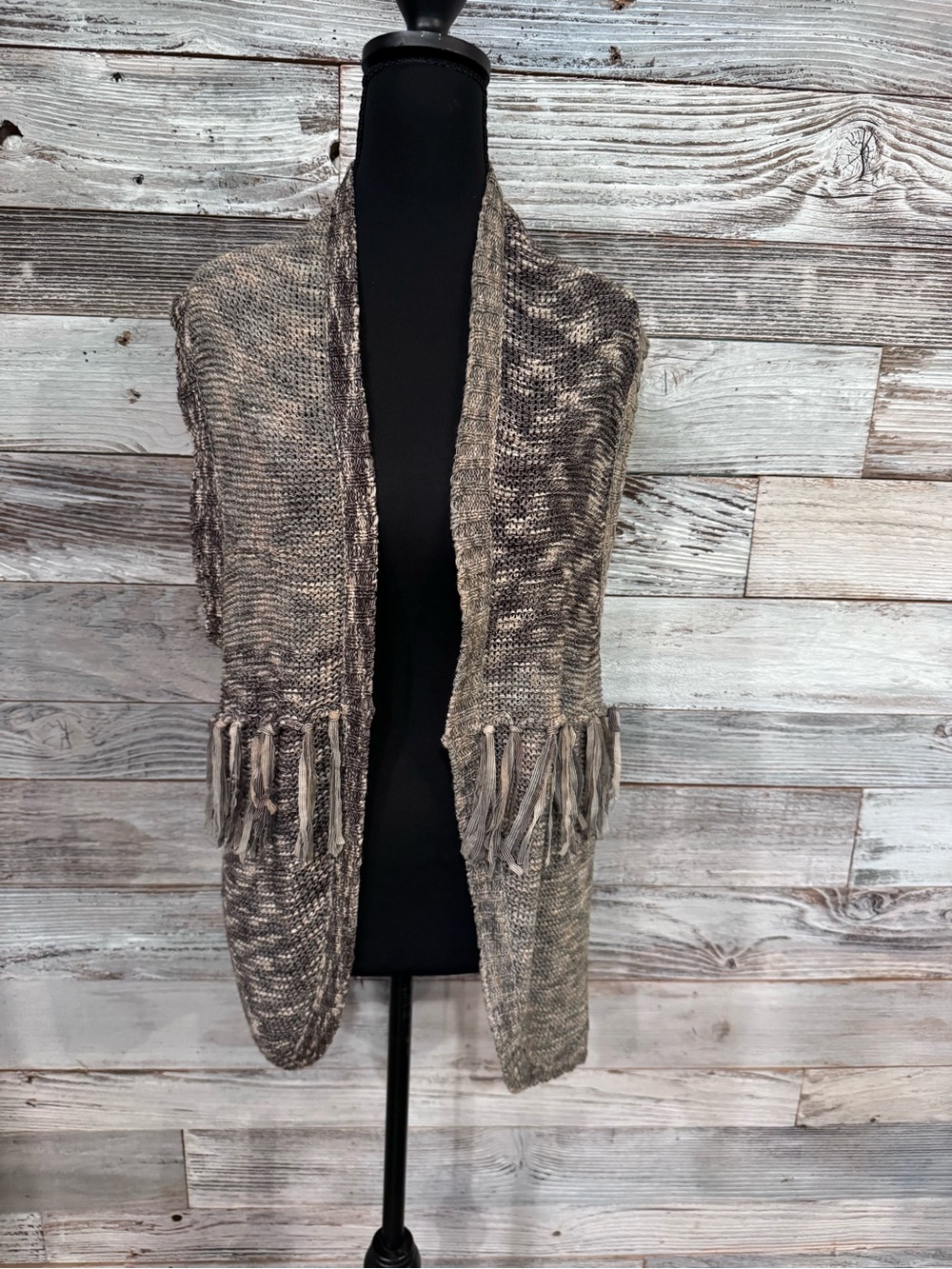 Daytrip Heathered Taupe Fringed Open Front Cardigan Vest